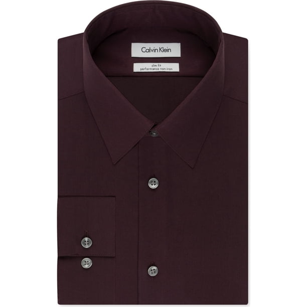Calvin Klein - Camisa de vestir con botones para hombre, ajuste delgado, color rojo, cuello de 17.5 pulgadas, manga de 36 a 37 pulgadas