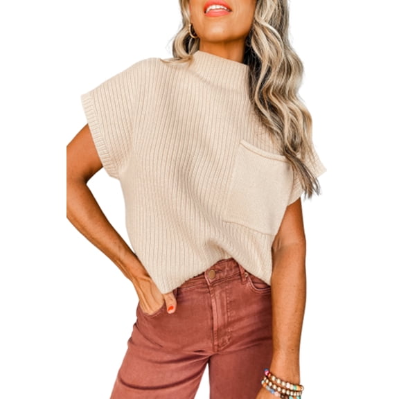 Women's Oatmeal Ribbed Knit Patch Pocket Short Sleeve Sweater - [ZhiHiMeRi] | (US 20-22)2XL,Oatmeal