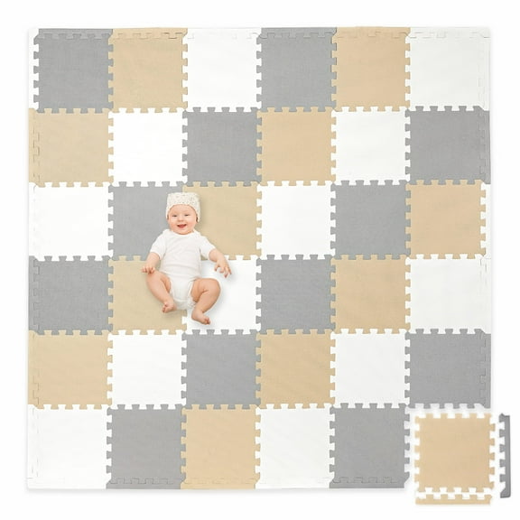 Play Platoon Non-Toxic Foam Puzzle Floor Mat, Comfortable, Extra Thick, Cushiony Exercise and Play Mat for Toddlers, Kids & Adults, 36 Tiles (12"x12"), Warm Grey/Cream/Sand