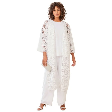 Roaman's Women's Plus Size Plus Size 3-Piece Allover Lace Duster Pant Set – Formal Wear