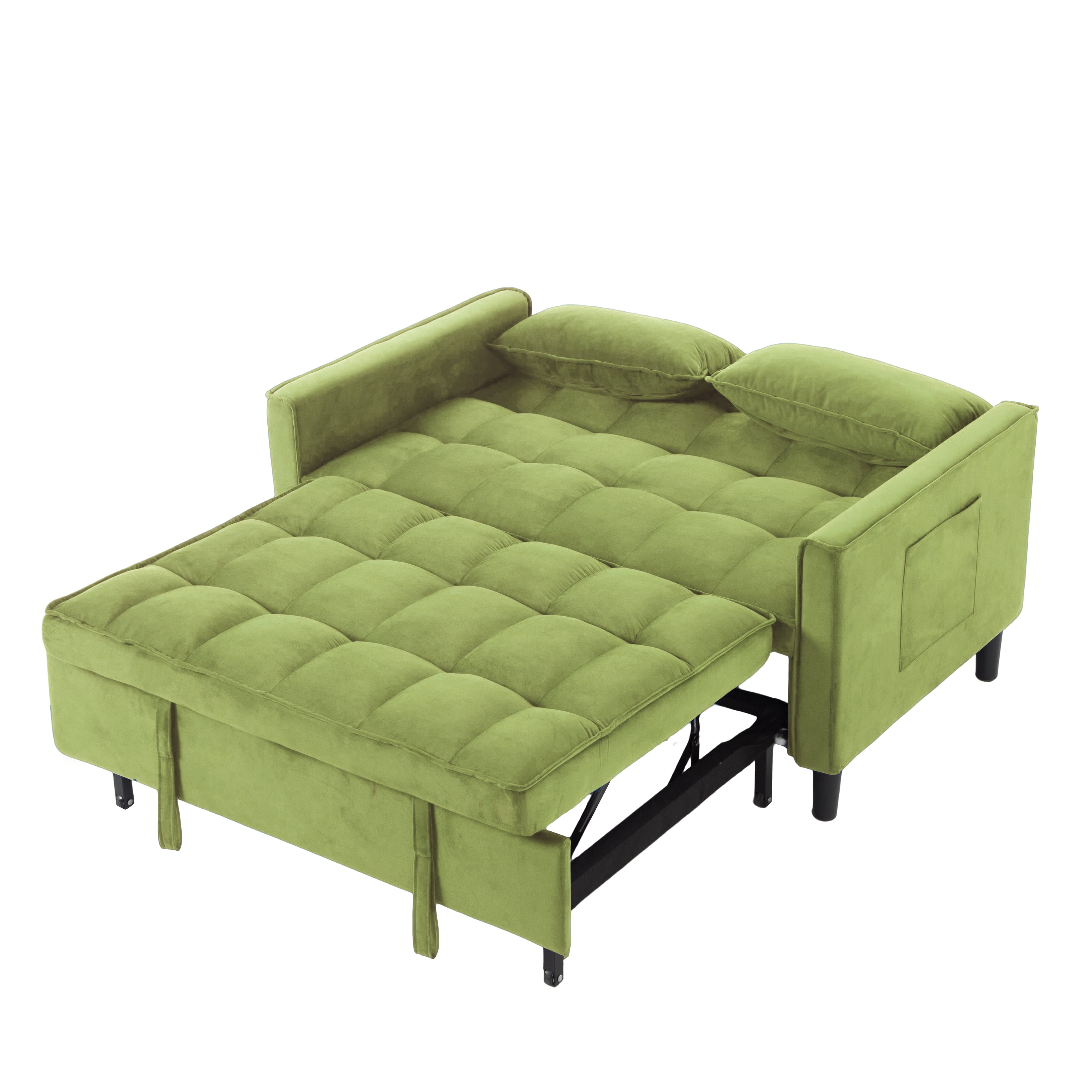 BSHTI 53.94" Pull-Out Sleeper Sofa Bed with Velvet Upholstery, 3-Position Reclining Back, Solid Wood Frame for Apartment/Office, Office（Olive Green）