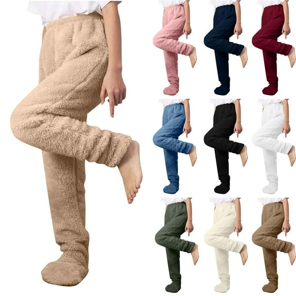 BiZtdJrK Footed Pants Women Plus Size Fuzzy Fleece High Waist Pajama Bottoms Cozy Winter Warm Lounge Trousers Blue XL