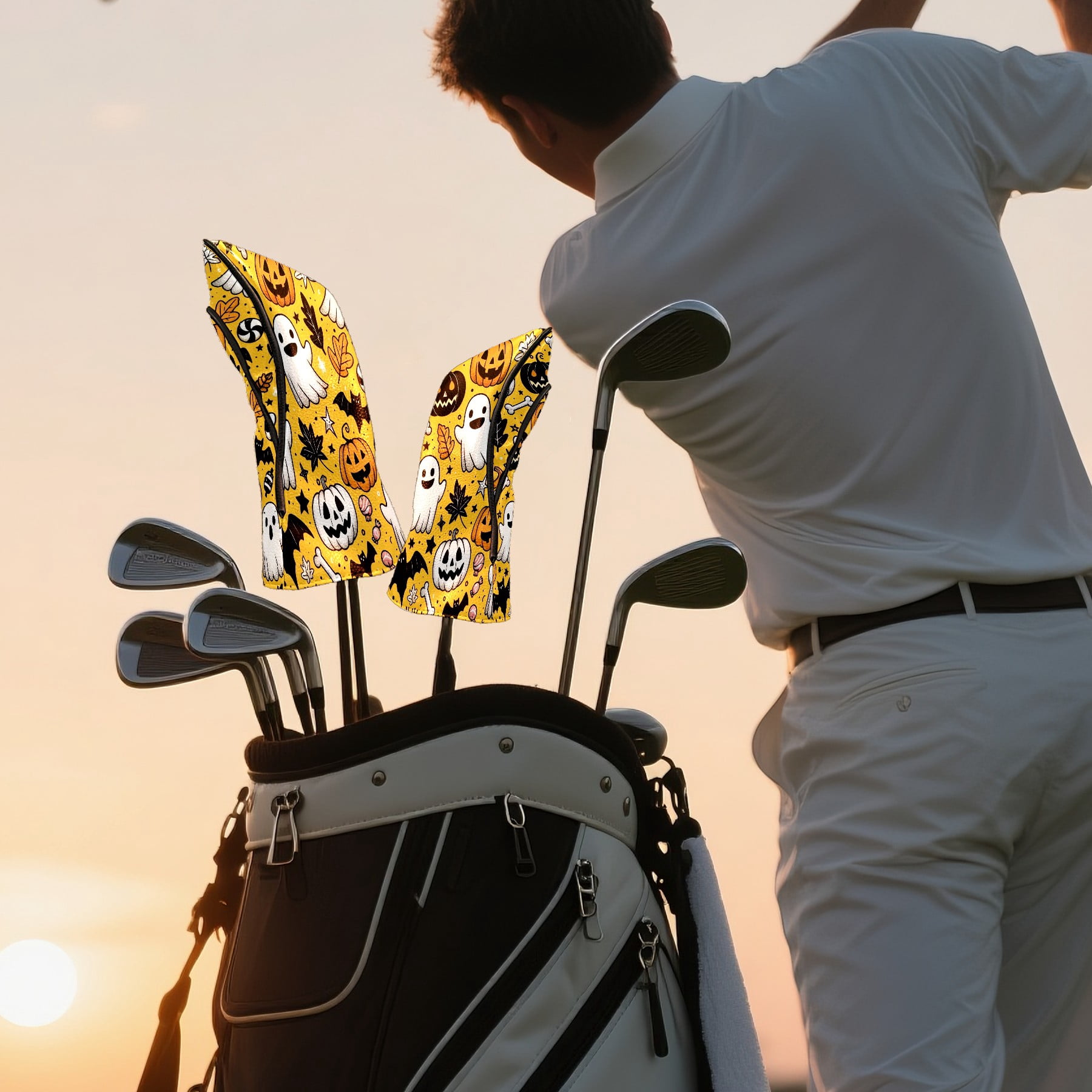 Golf Club Covers, Yellow Ghost Pumpkin Skull Premium PU Leather Driver Hybrid Putter Head Covers with Velvet Lining, Waterproof Golf Gifts for Men Women