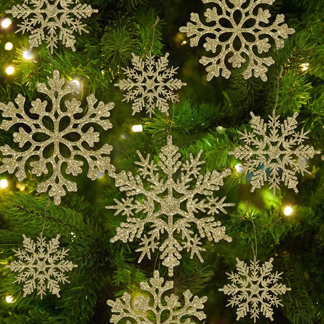 36 adornos navideños de copos de nieve dorados, adornos de copos de nieve con purpurina de plástico para decoraciones para árboles de Navidad de invierno, dorado