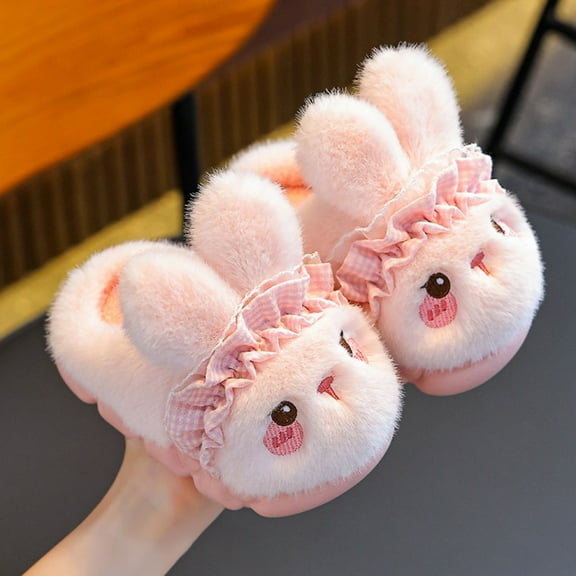 SGFCWSX Kids Bunny Plush Slippers Warm Indoor Footwear for Girls Boys Ruffled Cute Home Shoes Pink Size 5.5-6 Years