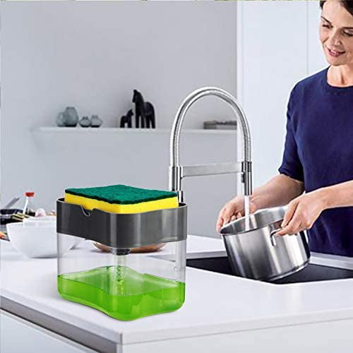 Instant Refill Premium Quality Durable & Rust Proof Innovative Designed 13 oz Unbreakable ABS Countertop Sink Dispenser SIRIGOGO Kitchen Dish Soap Dispenser Sponge Holder 2-in-1 