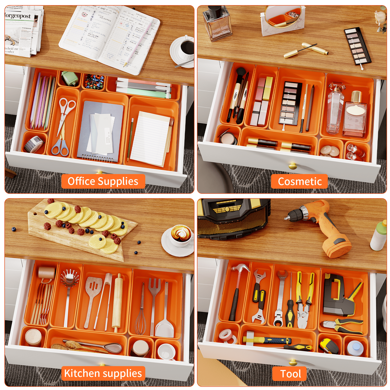 HAIDAIYA 45 Pack Plastic Drawer Organizer Trays, 3-Sizes Vanity and Desk Storage Bins, tool box Organizers for Makeup, Jewelry, Gadgets, Utensils, Orange