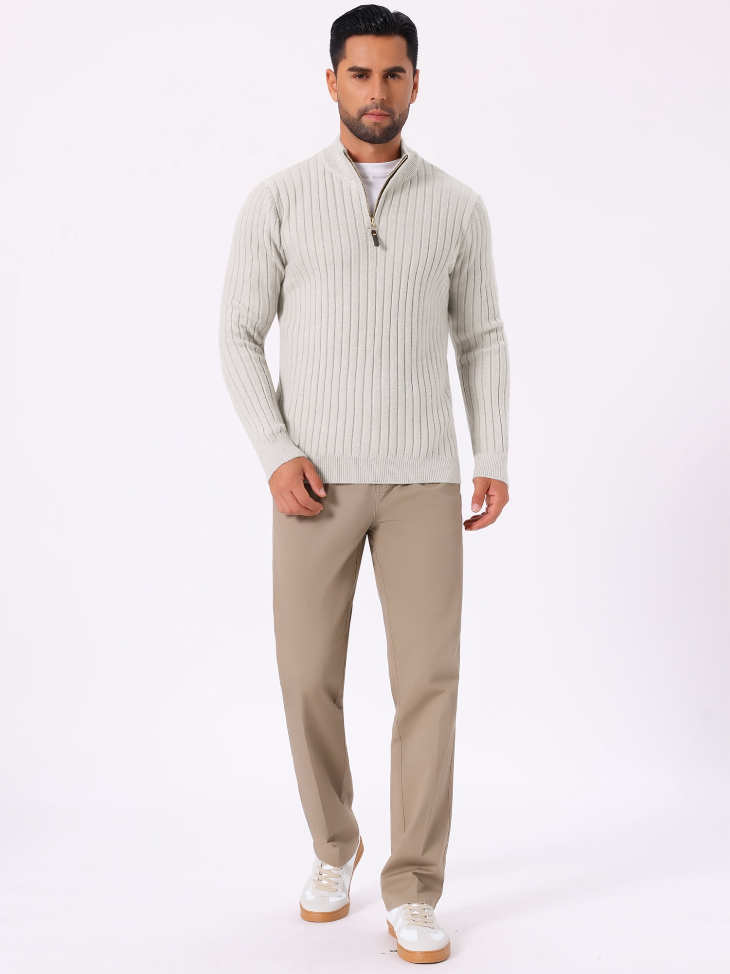 DARING DIVA Men's Casual Pullover Knitted Mock Neck Polo Sweater S Light Gray