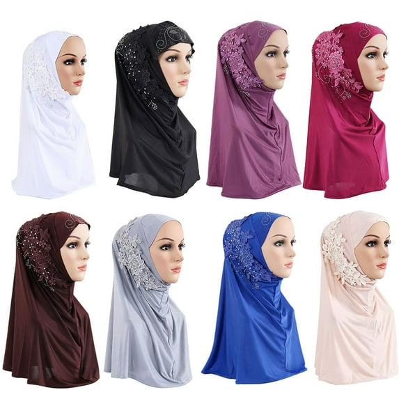 Meidiya Women One Piece Muslim Hijab Lace Applique Head Wrap Scarf Shawl with Rhinestones Fashion Muslim Headwrap