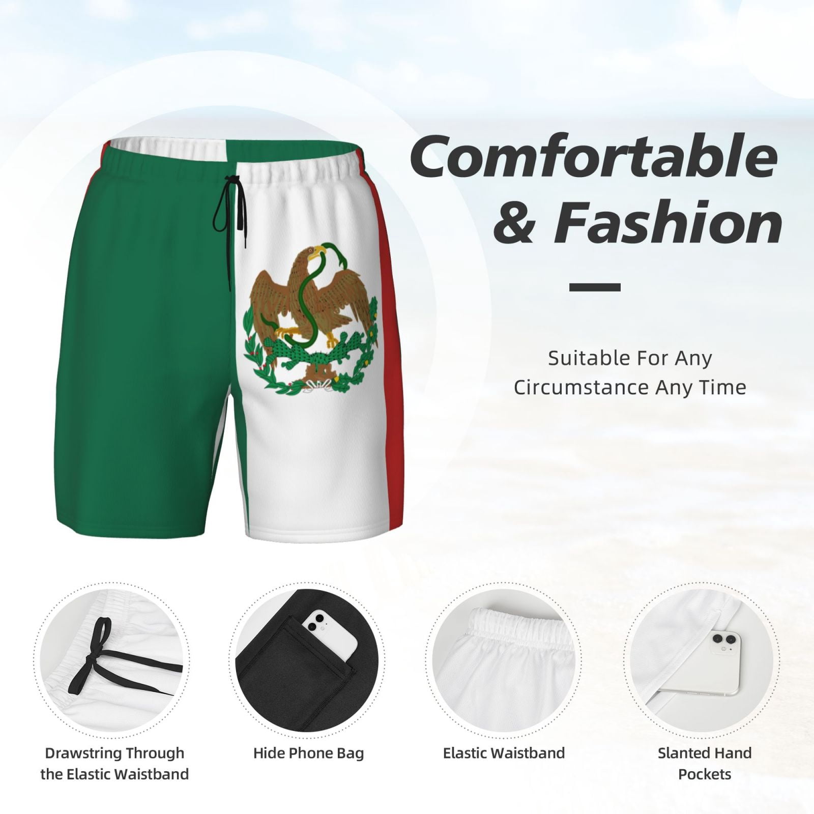 Men's Mexican Flag Swim Trunks with Compression Liner Bathing Suit Swimwear