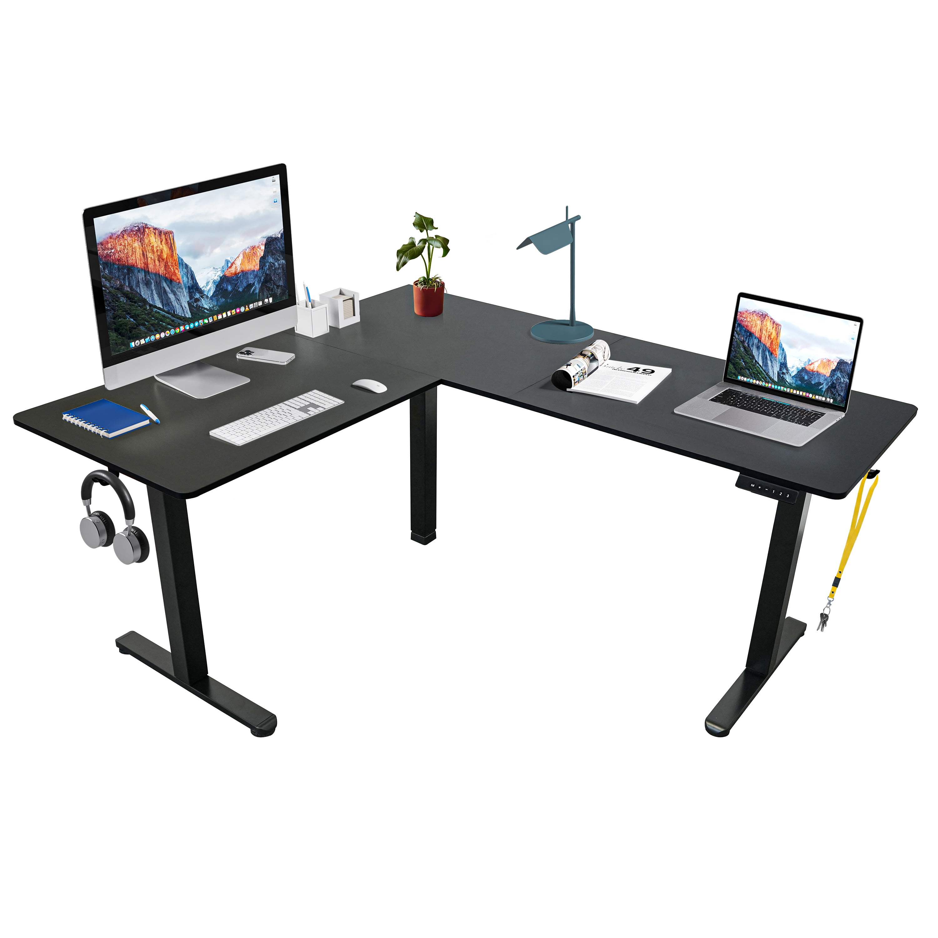Techni Mobili 63” W L-Shaped Electric Standing Desk with Spacious Desktop, 3 Memory Height Presets and 2 Accessory Hooks, Black