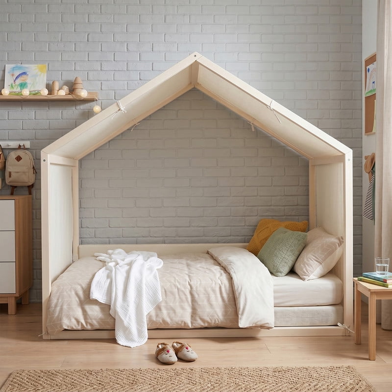 Twin Size Canopy Bed with Upholstered Velvet Side Panels and Breathable Linen Canopy Top, Soft-Padded Platform Bed Floor Montessori Bed for Kids Bedroom