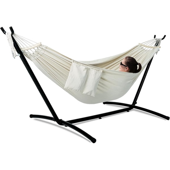 Double Hammock with Steel Stand, Upgraded Spreader Bar, 600 lbs Capacity, Natural