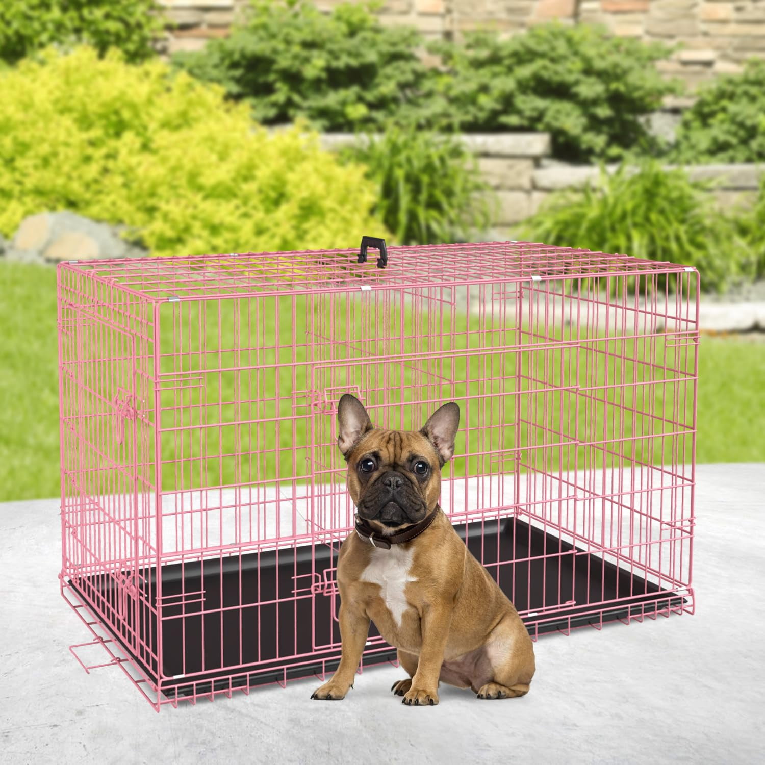 XF XINFENG Dog Crate Kennel for small dogs 30 inches Metal Dog Cage Double-Door Folding Travel Indoor Outdoor Puppy Playpen with Divider,Pink