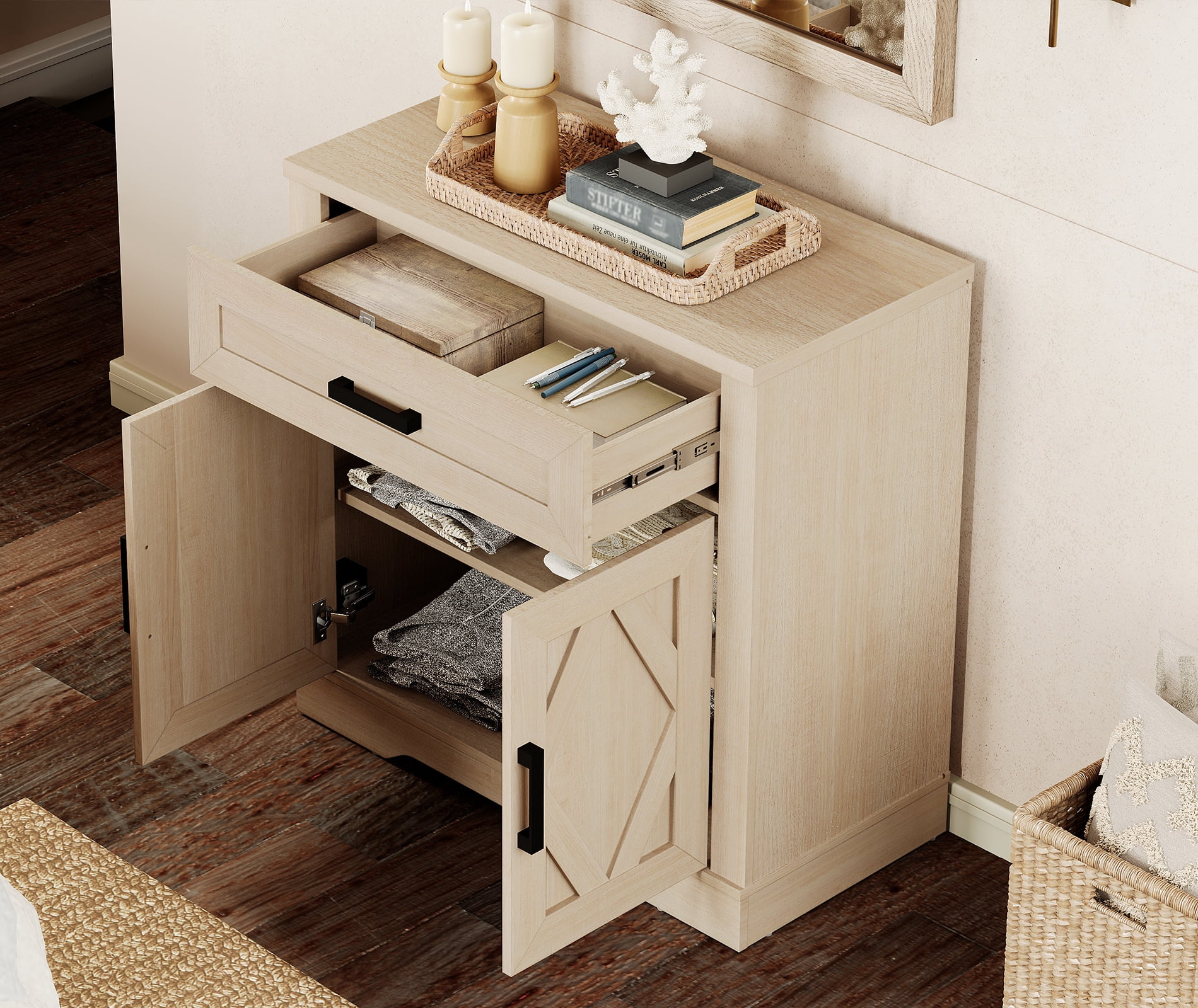 WAMPAT 2-in-1 TV Stand for up to 75" TVs,Farmhouse Entertainment Center with Storage Barn Door Cabinet,TV Console Table with Media Cabinet and Drawers for Living Room,Bedroom,Beige