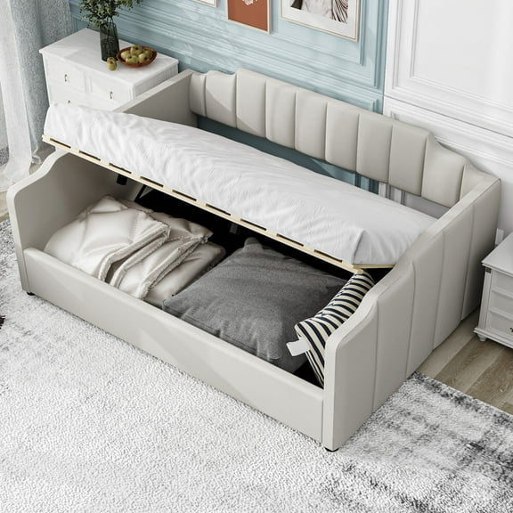 Solid and Stable Upholstered Daybed with Underneath Storage,Full Size (Beige)