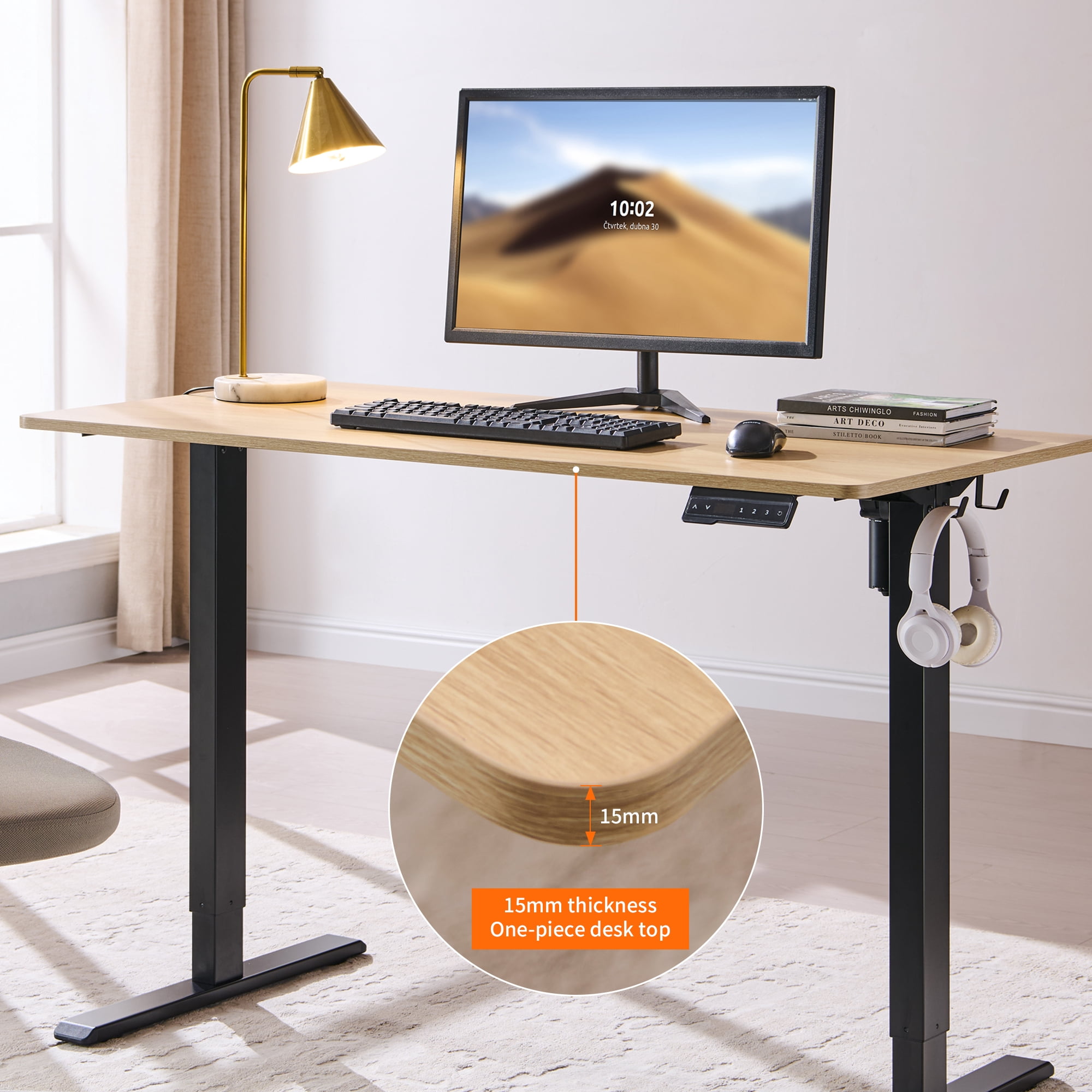 Electric Standing Desk, Adjustable Height Stand up Desk, 24x48 Inches Sit Stand Home Office Desk,Frame/Mahogany Top,Natural Wood