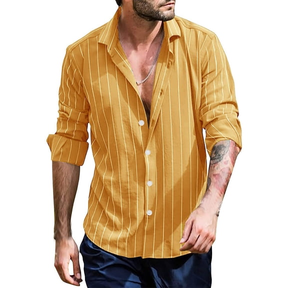 Mens Casual Button Down Shirts Long Sleeve Striped Dress Work Business Cotton Tops Outwear