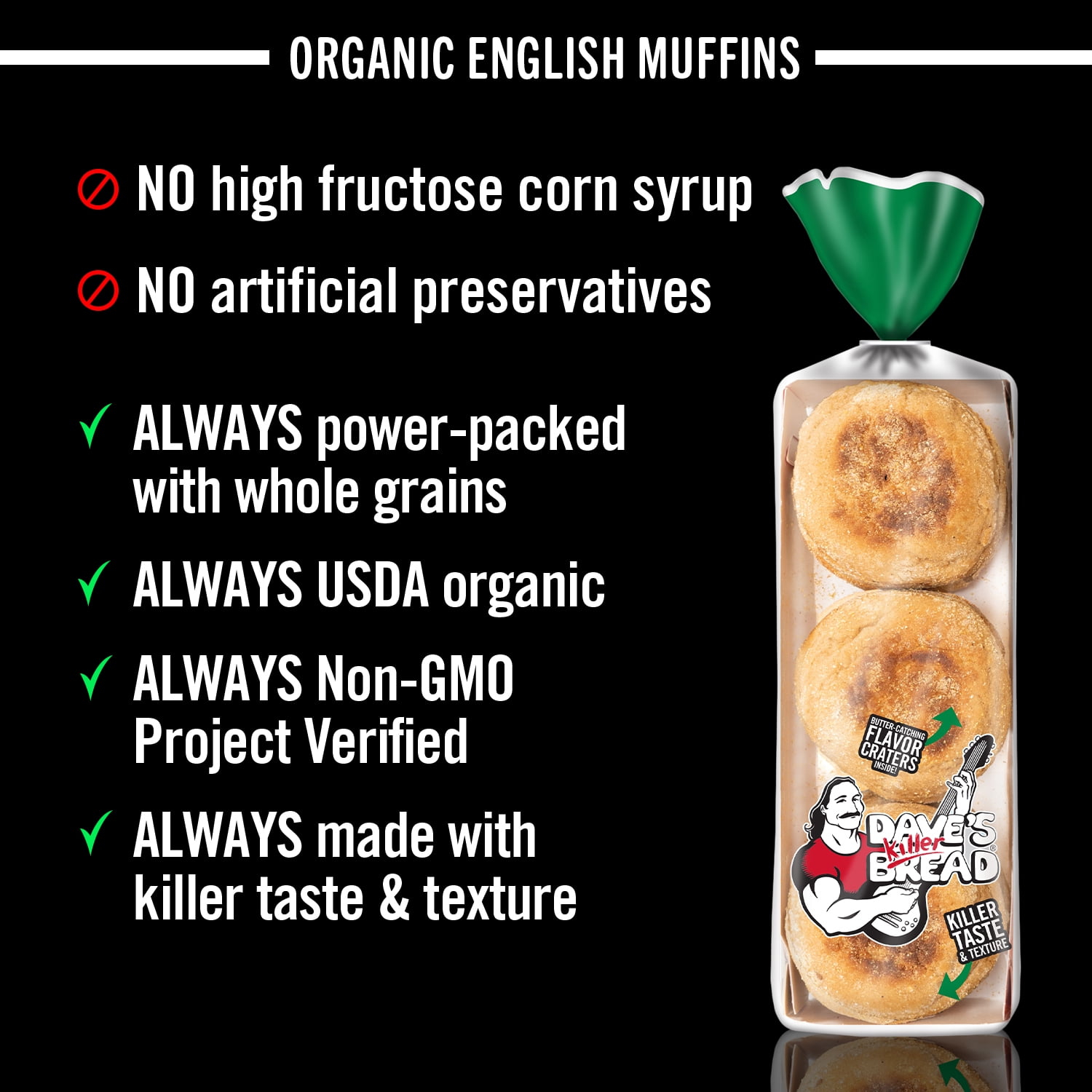 Dave's Killer, Bread Rockin' Grains English Muffins, Organic Whole Grain English Muffins, 6 Count