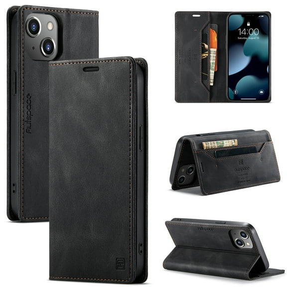 for iPhone 13 Wallet Case PU Leather Flip Book Style Folio Strong Magnetic Closure RFID Blocking Protective Cover Credit Card Holder Kickstand Function Men for iPhone 13 - 6.1", Black