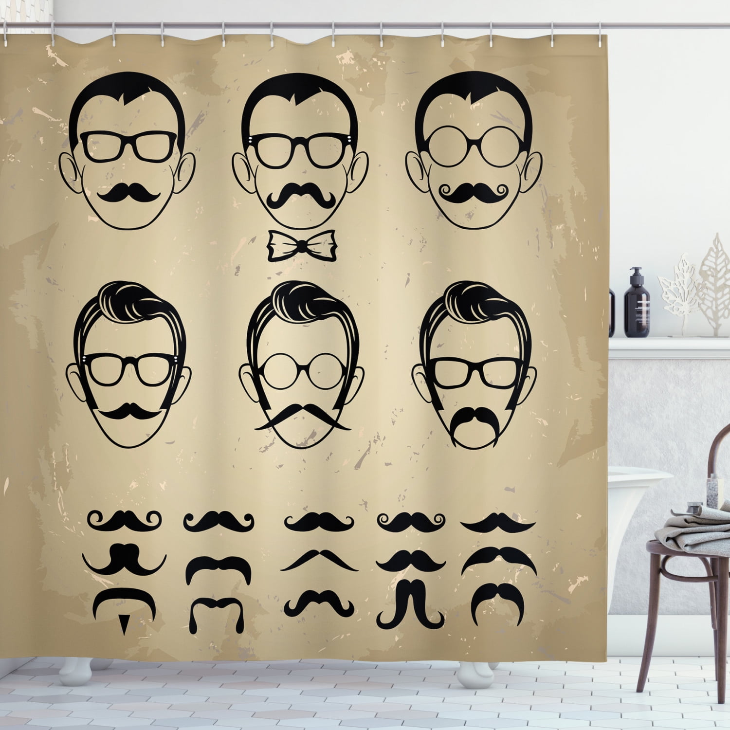 Geek Shower Curtain, Male Face Silhouettes Showing Types of Moustaches
