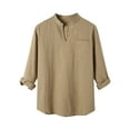 thumbnail image 2 of Virmaxy Men's Fall Fashion Without Buttons V-Neck Shirt Solid Color Long-Sleeved Pullover Cotton Linen Shirt With Pockets Soothing Anti-Static Casual Tops, 2 of 6