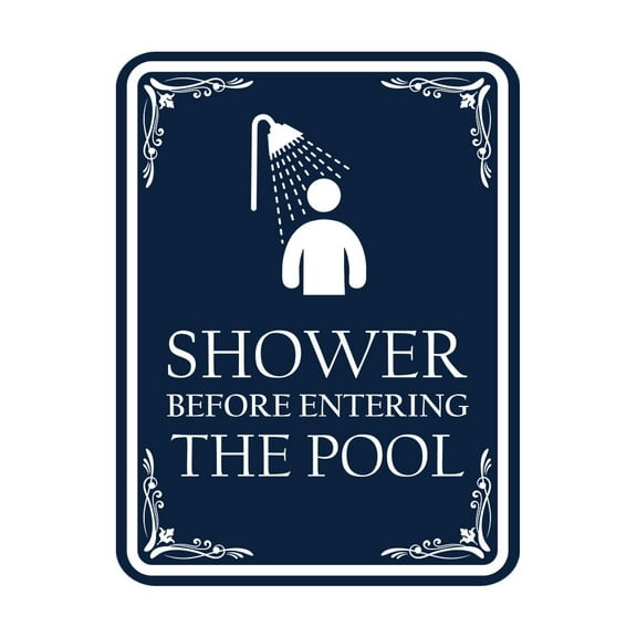 Signs ByLITA Portrait Round Shower Before Entering the Pool Door or Wall Sign Durable ABS Plastic | Laser Engraved | Easy Installation | Elegant Design | Pool Safety Sign (Navy Blue / White) - Large