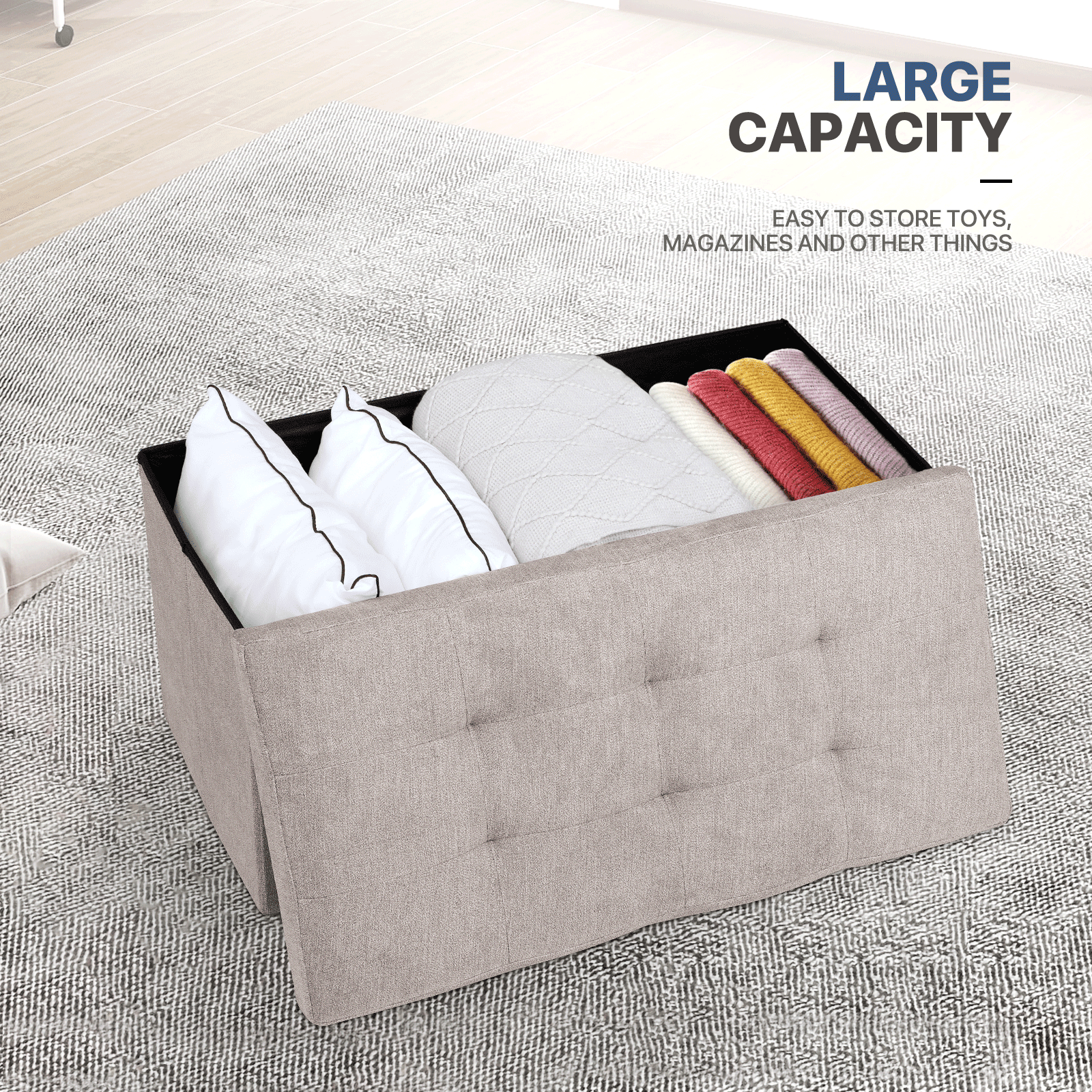 MoNiBloom 30" Folding Storage Ottoman Bench, Cotton-linen Collapsible Footrest Ottoman with Storage, for Living Room Bedroom Entryway, Sandy Beige