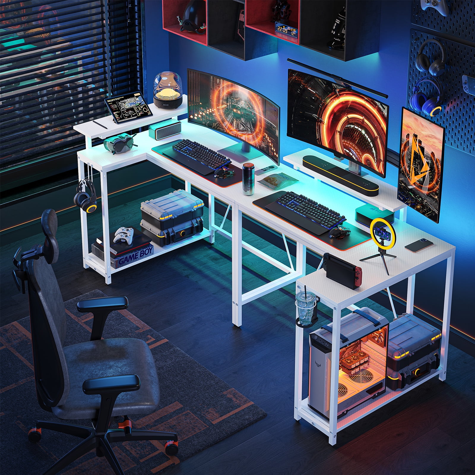 Pinmoco 42" Reversible LShaped Gaming Desk with Monitor Stand, LED Lights& Headset Hooks, Home Offic(图5) Pinmoco 42" Reversible LShaped Gaming Desk with Monitor Stand, LED Lights& Headset Hooks, Home Offic(图5)