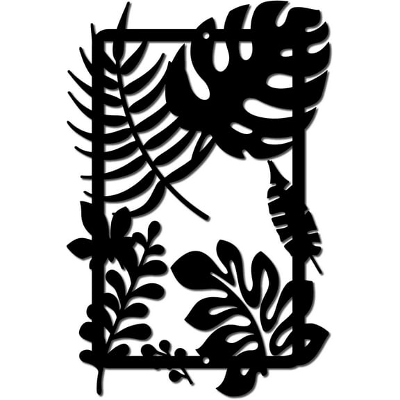 Leaf Metal Wall Decor Black Tropical Plants Metal Wall Art Hanging Ornament Iron Wall Decoration Rectangle Frame Sculpture Boho Home Decor for Modern Farmhouse Rustic Bathroom 11.8x7.9Inch Black