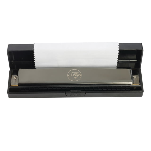 24-Hole C Key Polyphonic Harmonica for Beginners Kids Students with Stainless Steel Cover, Resin Comb, Pure Copper Reeds, Dark Gray Color, Includes Hard Storage Case and Cleaning Cloth – Ideal