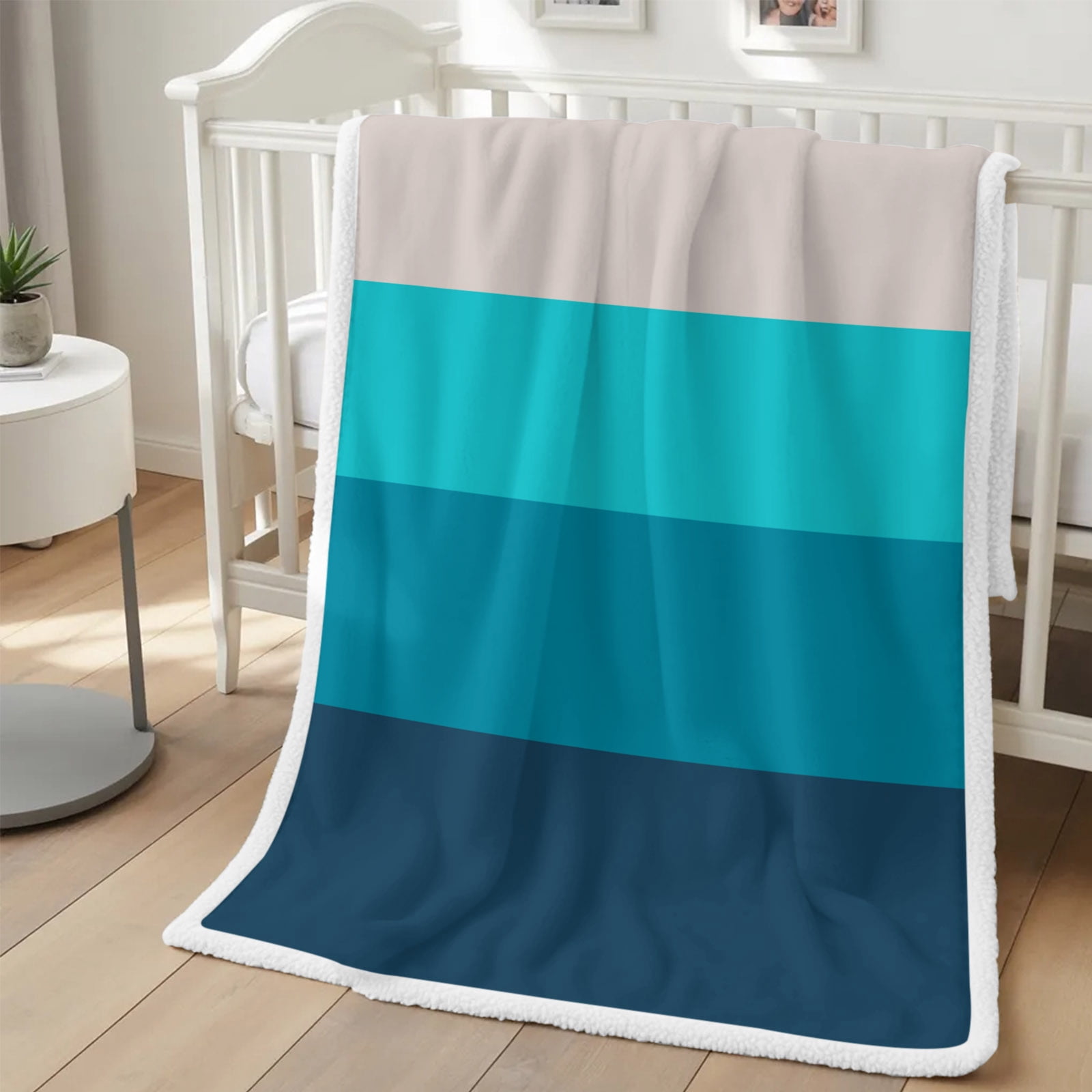 Sherpa Throw Blankets Ombre Teal Blue Stripes Flannel Fleece Blanket Gradient Color Soft Cozy Warm Fluffy Plush Blankets and Throws for Couch Bed Sofa All Season 50x60 Inch