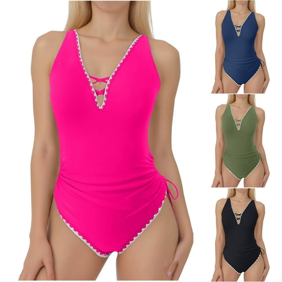 UTSJKR Trendy V Neck Backless One-Piece Swimsuit for Women Trendy Adjustable Straps Bow Knot Shell Edge Beach Look Black L