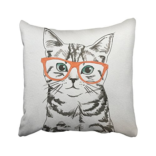 RYLABLUE Sketchful Cute Cat With Blue Eyes And Orange Glasses Decorative Pillowcases With Hidden Zipper Decor Cushion Covers Two Sides 20x20 inches
