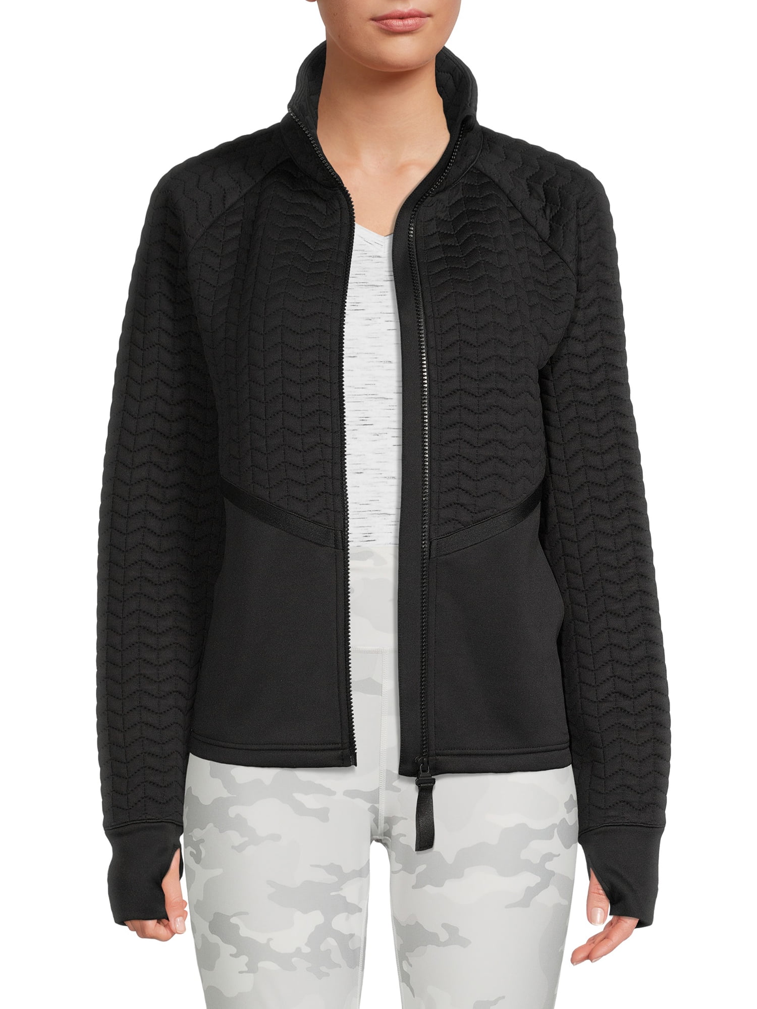 Avia Women's Full Zip Quilted Mixed Media Jacket With Thumbholes