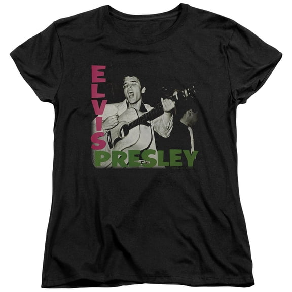 Trevco ELV660-WT-5 Elvis Presley & Album Womens Short Sleeve T-Shirt, Black - 2X