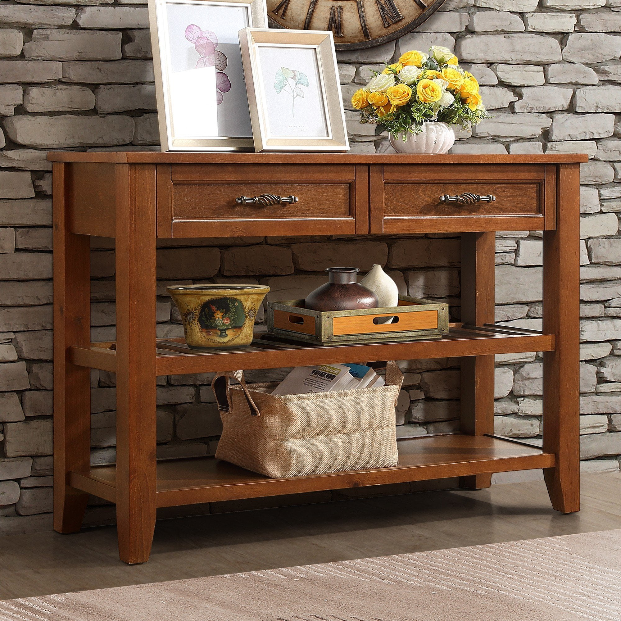 42 Inch Solid Wood Mid-Century Console Table with 2 Drawers & Shelves – Entryway Sofa Table, Sideboard,Brown