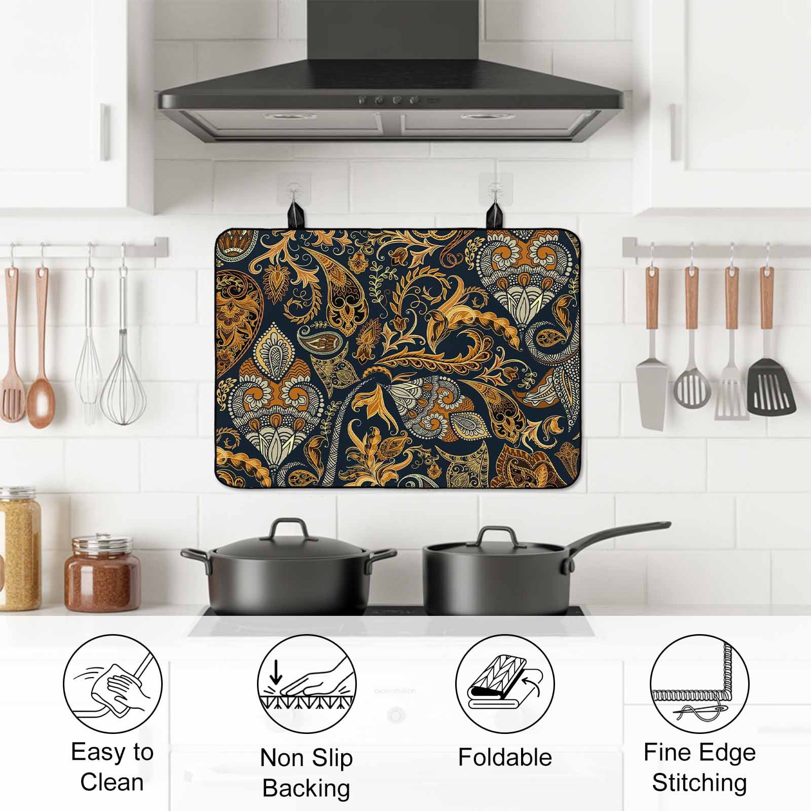 Boho Floral Stove Top Cover for Electric Stove, Heat-proof & Non Slip Glass Top Stove Cover Protector, Vintage Botanical Paisley Flower Kitchen Flat Cooktop Rubber Mat 24x21 Inches