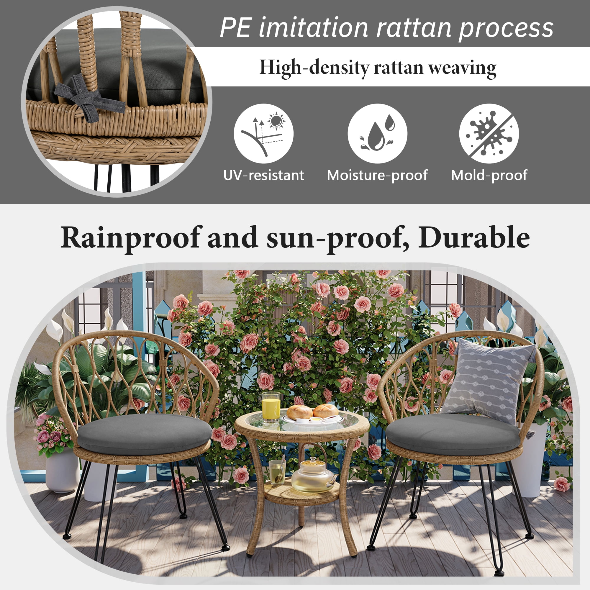 3-Piece Outdoor Furniture Sectional Sofa Set,Patio PE Wicker Conversation Sets with Beige Cushions,Top Glass,Lounge Chair for Garden, Deck, Poolside