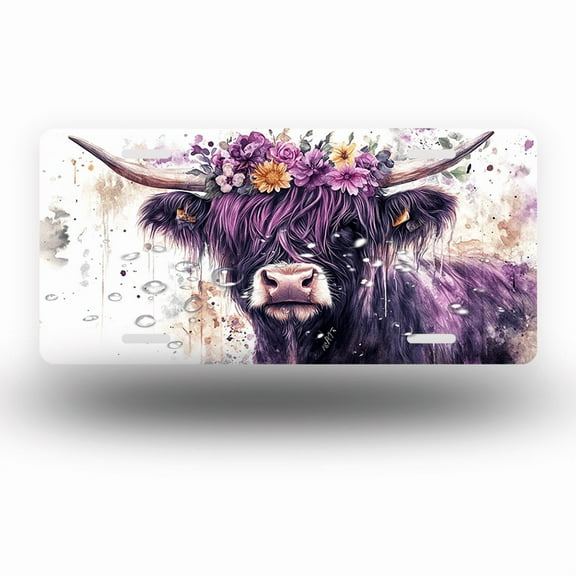 License Plate,Purple Highland Cow with Floral Crown Decorative Front,Personalized Stainless Steel License Plate Cover For Men Women,12.2" X 6.2"