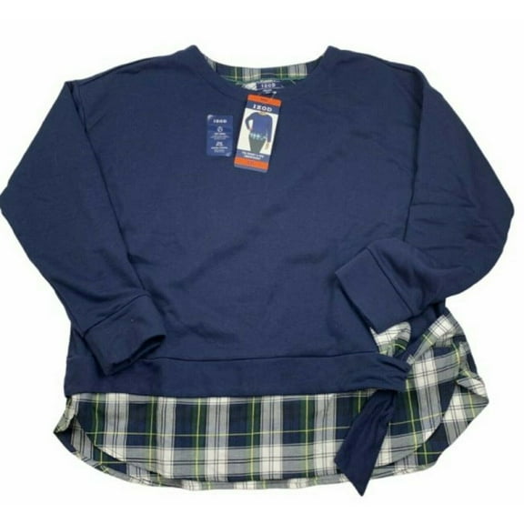 IZOD Women's Long Sleeve 2-Fer Sweatshirt Peacoat Navy Blue w/Plaid Small