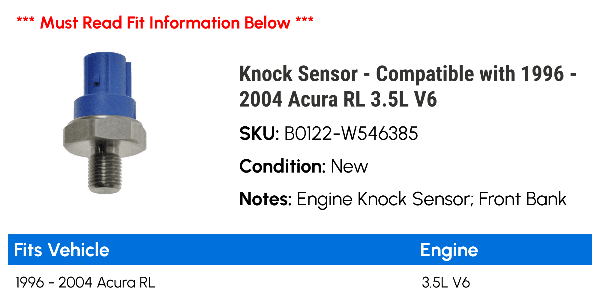 Knock Sensor - Compatible with 1996 - 2004 Acura RL 3.5L V6 1997 1998 1999 2000 2001 2002 2003