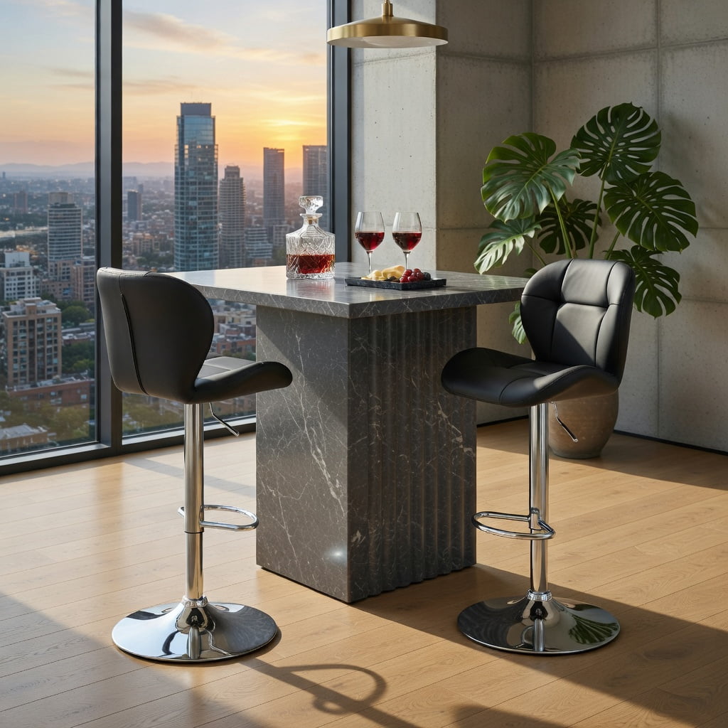 Hommoo 2-Pack Adjustable Bar Stools, PU Tufted Height-Adjustable Bar Chairs with Chrome Base & Footrest for Kitchen Island, Home Bar, Pub & Breakfast Counter, Black