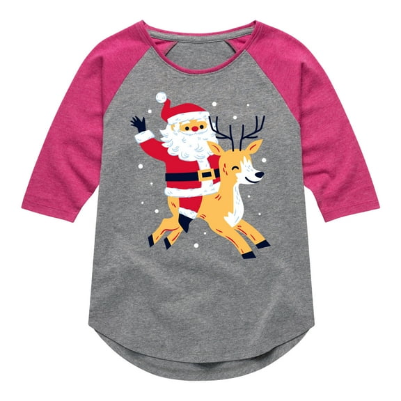 Instant Message - Santa and Reindeer Christmas - Toddler & Youth Girls Raglan Graphic T-Shirt
