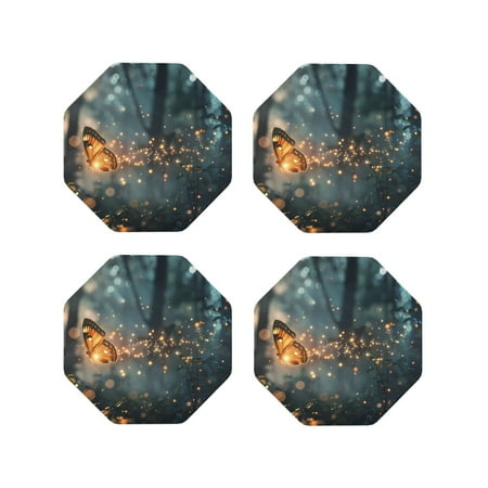 

Fuzoiu Magical Butterfly In Forest Print Leather Coasters Set Drink Coasters Set of 4 for Tabletop Protection Durable PVC Coasters Home Décor and Housewarming Gift-Octagon