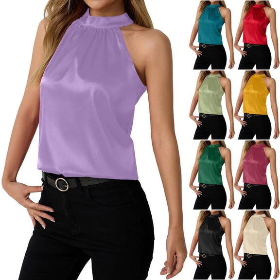 TTUHYWXI Womens Silk Satin Halter Tops Casual Sleeveless Keyhole Mock Neck Tank Top Summer Sexy Curved Hem Dressy Blouse Shirt (Light Green, XL)
