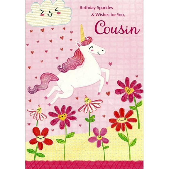 Designer Greetings Unicorn and Pink Flowers with Smiley Faces Juvenile Birthday Card for Young Girl Cousin