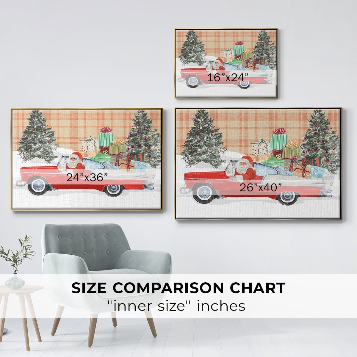 Santa on Wheels II - Framed Gallery Wrapped Holiday Canvas - 17 x 25 - Gold Frame
