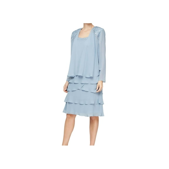 S.L. Fashions Women's Mother of The Bride Tiered Jacket Dress with Shoulder Embellishment, Hydrangea, 18
