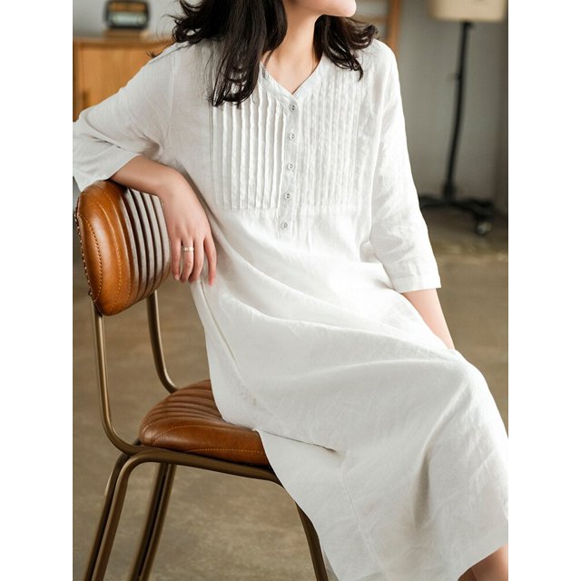 2022 Summer New Women's Cotton and Linen Dress Loose Stitching Solid Color Cotton and Linen V-neck Five-point Sleeve Mid-lengthL Gao Jinjia LED